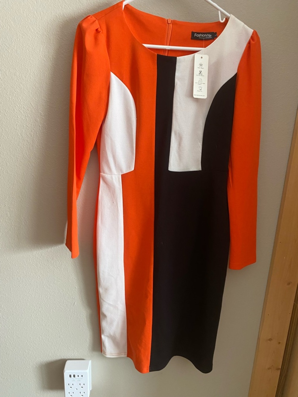 Orange, Black & White Long-Sleeve Colorblock Sheath Dress